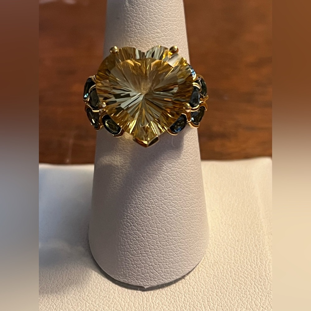 Citrine Heart and Blue Topaz Statement Cocktail Ring Size 8
